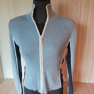 Blue and White Ribbed Zip-Up Sweater